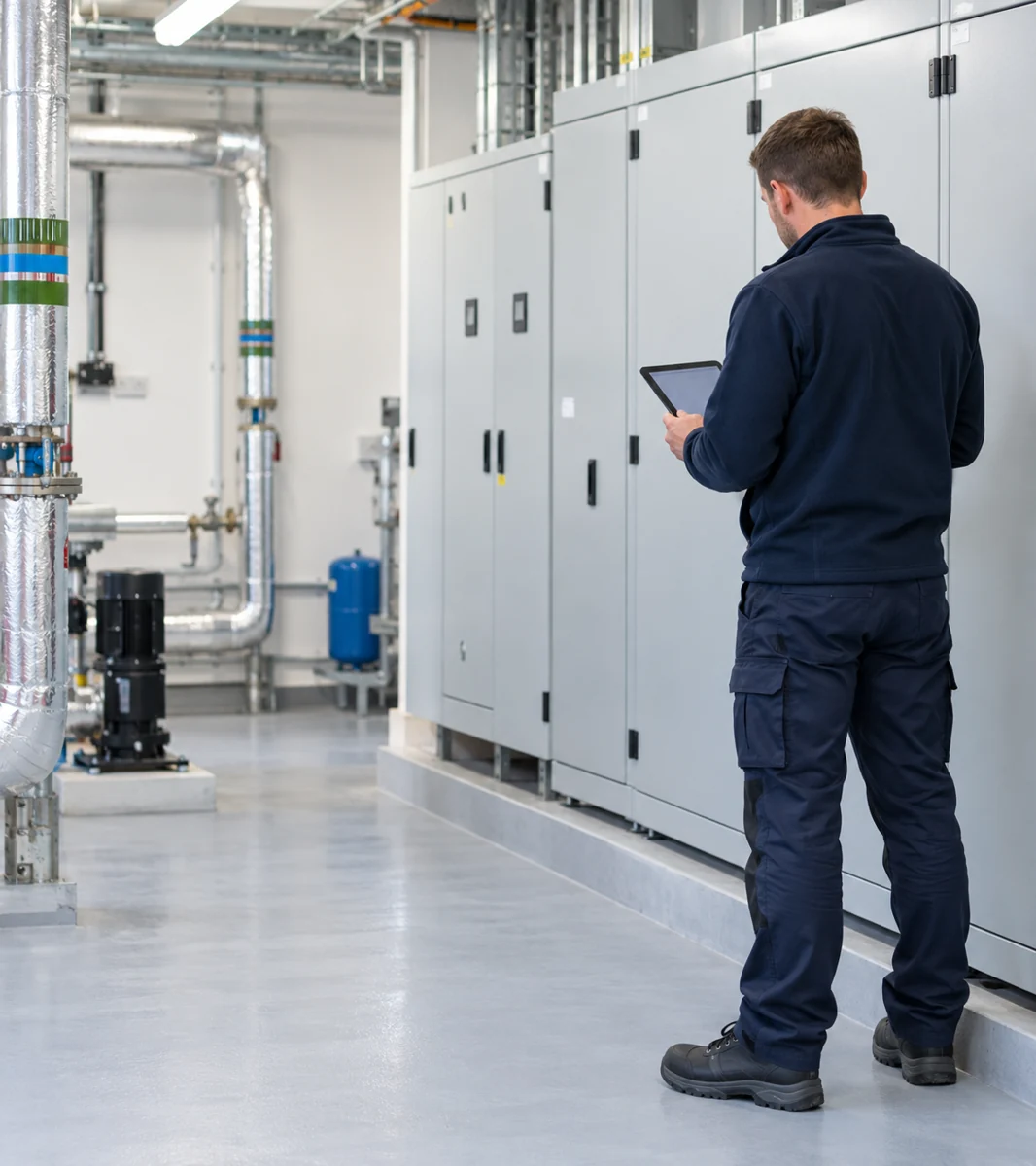 Engineer beside commercial electrical switchgear