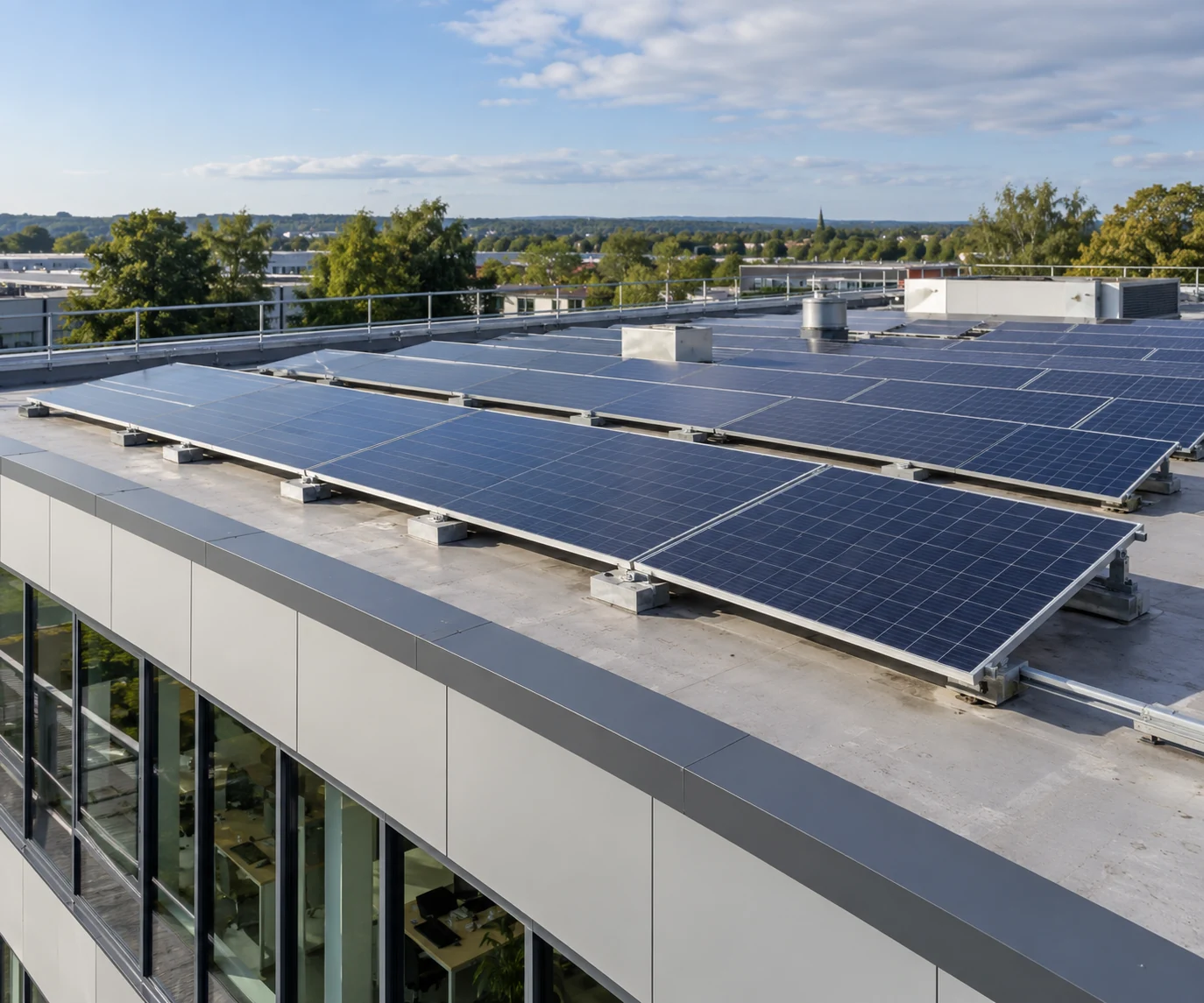 Solar panels on a commercial building roof